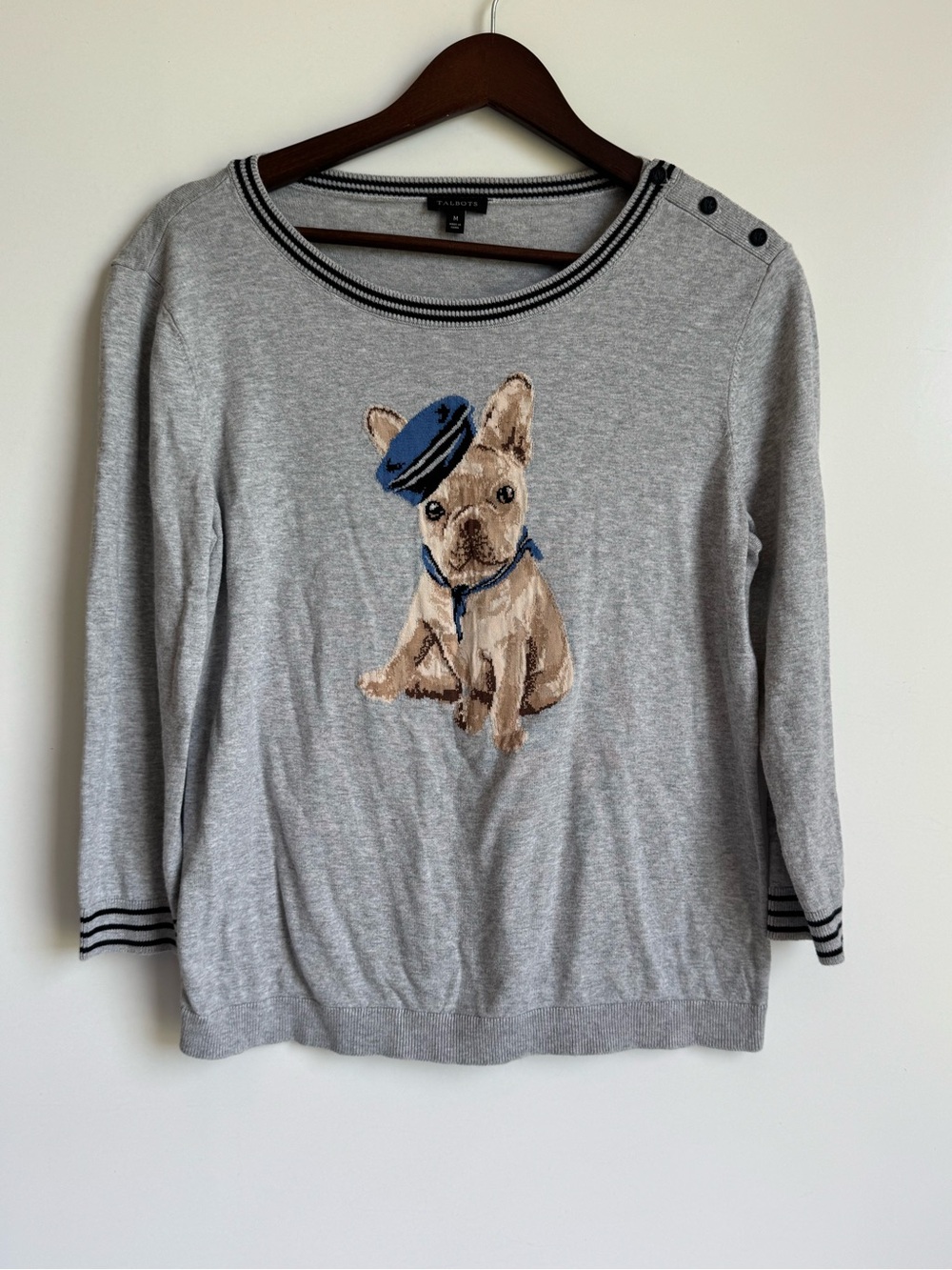 Talbots FRENCHIE DOG SWEATER women medium gray bulldog puppy cotton coastal - Picture 2 of 9